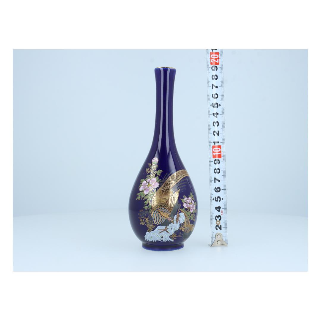 【美品】陶器製花瓶 金彩鳥花模様 ダークブルー アンティーク調 インテリア