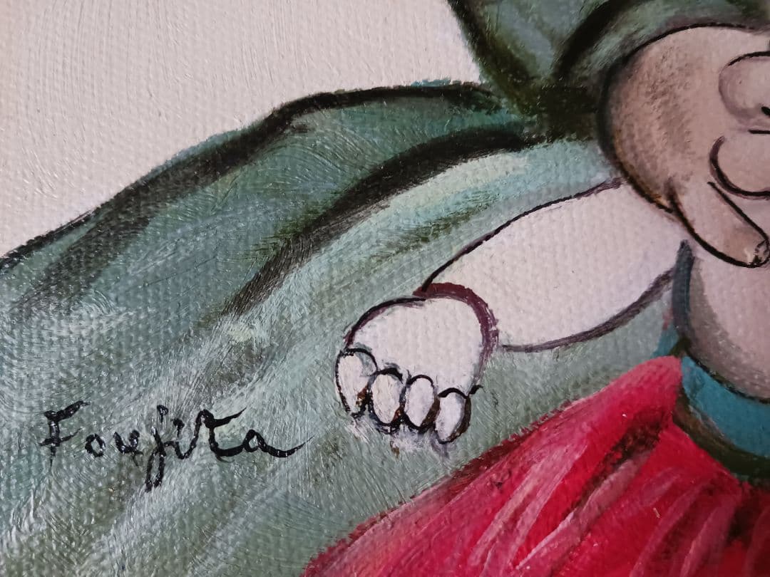 藤田嗣治「人形と少女」油彩 F4号 肉筆 サインあり