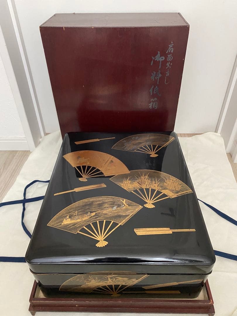 明治期頃 蒔絵 扇面 御料紙箱　料紙箱　草紙箱　書簡 内梨子地　漆器 漆工芸