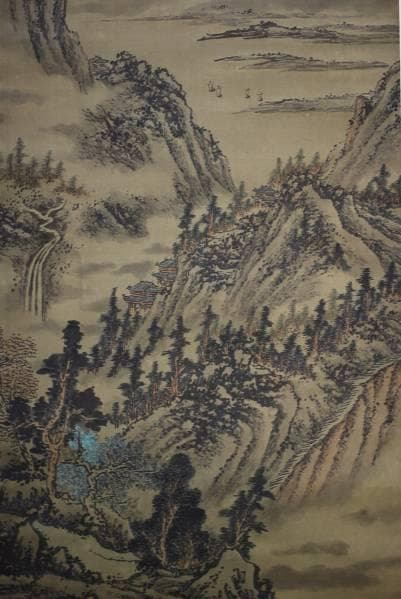 真作/仲清/山水帆舟図/布袋屋掛軸HC-105