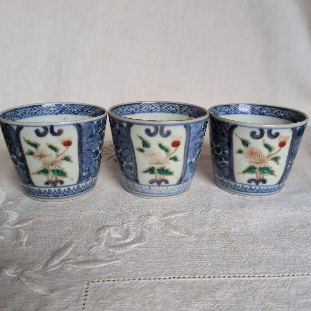 古伊万里 蕎麦猪口 5客セット 色絵染付 金彩アザミ図 江戸中期
