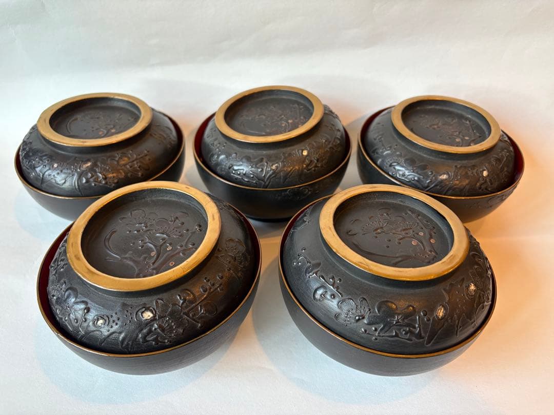 明治　大正期　会津塗　鉄錆塗　蒔絵　富士山　木製　蓋付き　お椀　梅鶯　内朱　5客