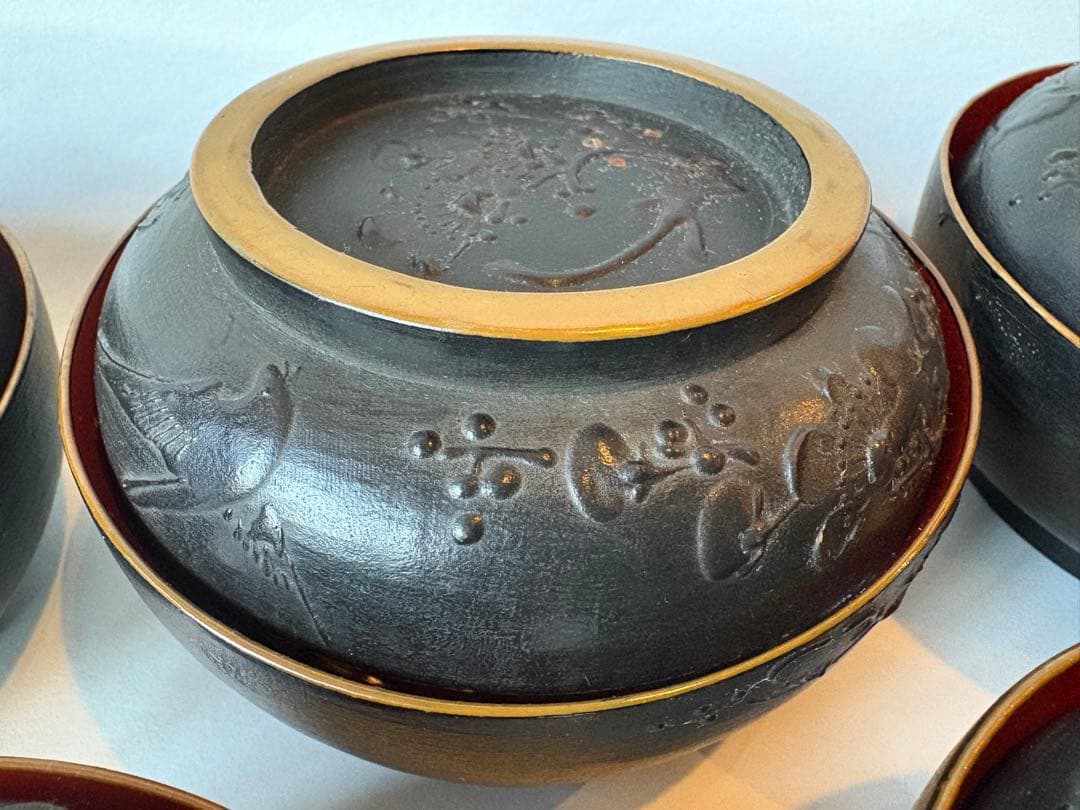 明治　大正期　会津塗　鉄錆塗　蒔絵　富士山　木製　蓋付き　お椀　梅鶯　内朱　5客