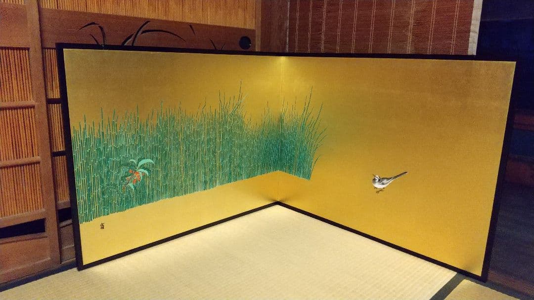 風炉先屏風 ！木賊に鶺鴒 裏は墨絵 竹に雀 リバーシブル 表裏使えます！