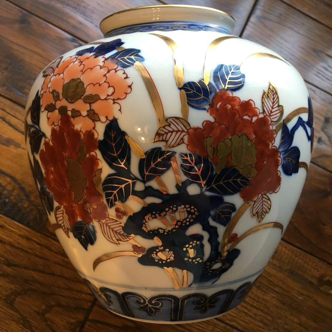 美品！経年70年以上 有田焼 染錦 牡丹 金彩 花入 花器 壺 飾壺 骨董品