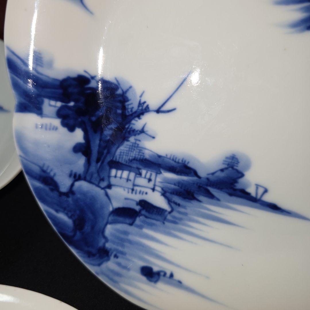源六焼　富永源六　染付山水文　高台 輪花皿　中皿　18.5cm　4枚　 三つト印