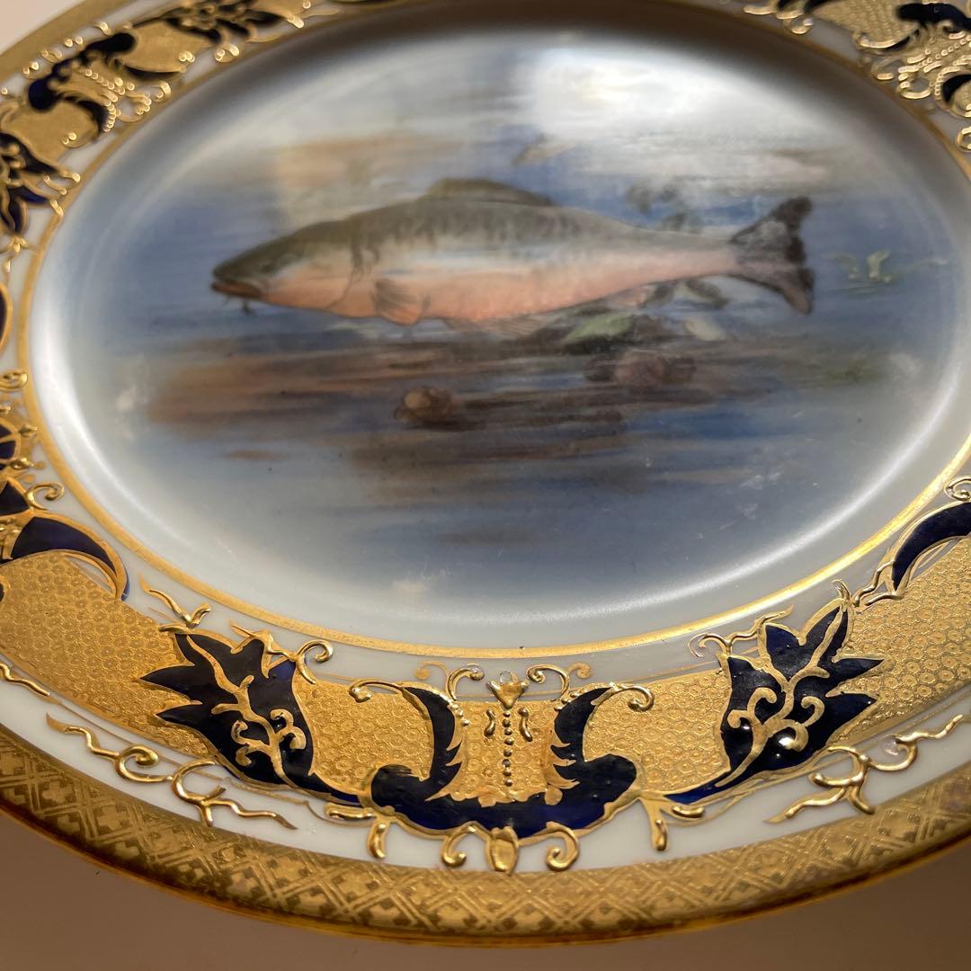 ＊写実画清流魚＊1919年-1940年・２２cm・金盛・金彩・オールドノリタケ・