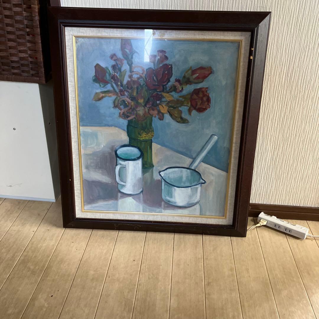 油彩画 花瓶のバラ