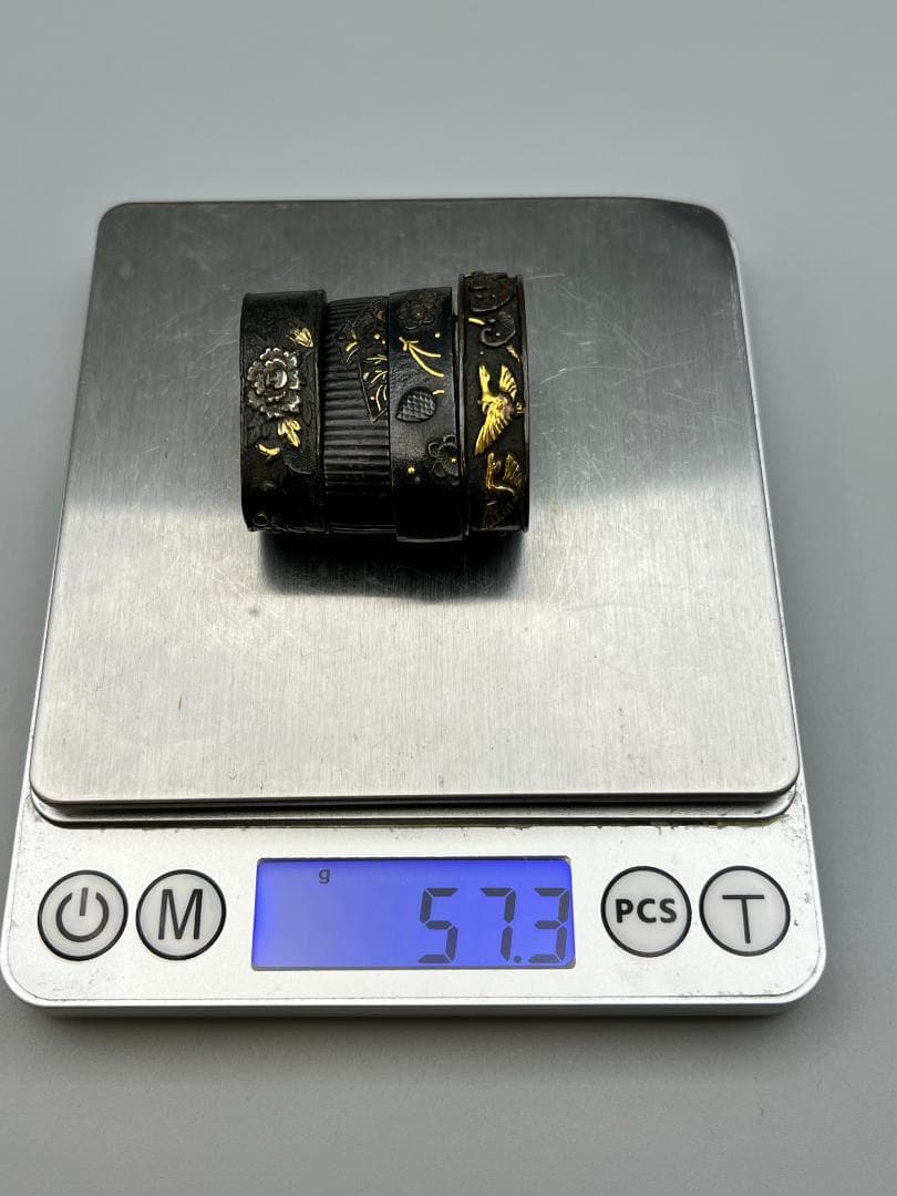 【海】江戸明治期　日本刀装具　花図　梅　松　金象嵌　縁頭　４点　骨董品　美術品