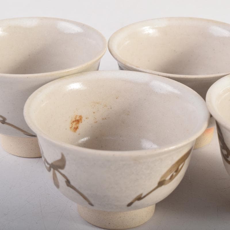 煎茶道具　虫明焼　岡本英山作　草文　煎茶碗　五客　C　8285