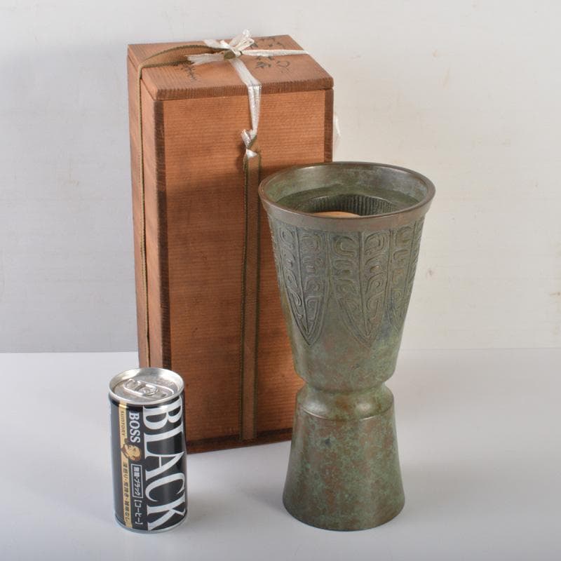 松華堂　古銅青銅　杵型　饕餮文花瓶　花器　共箱　N　6389