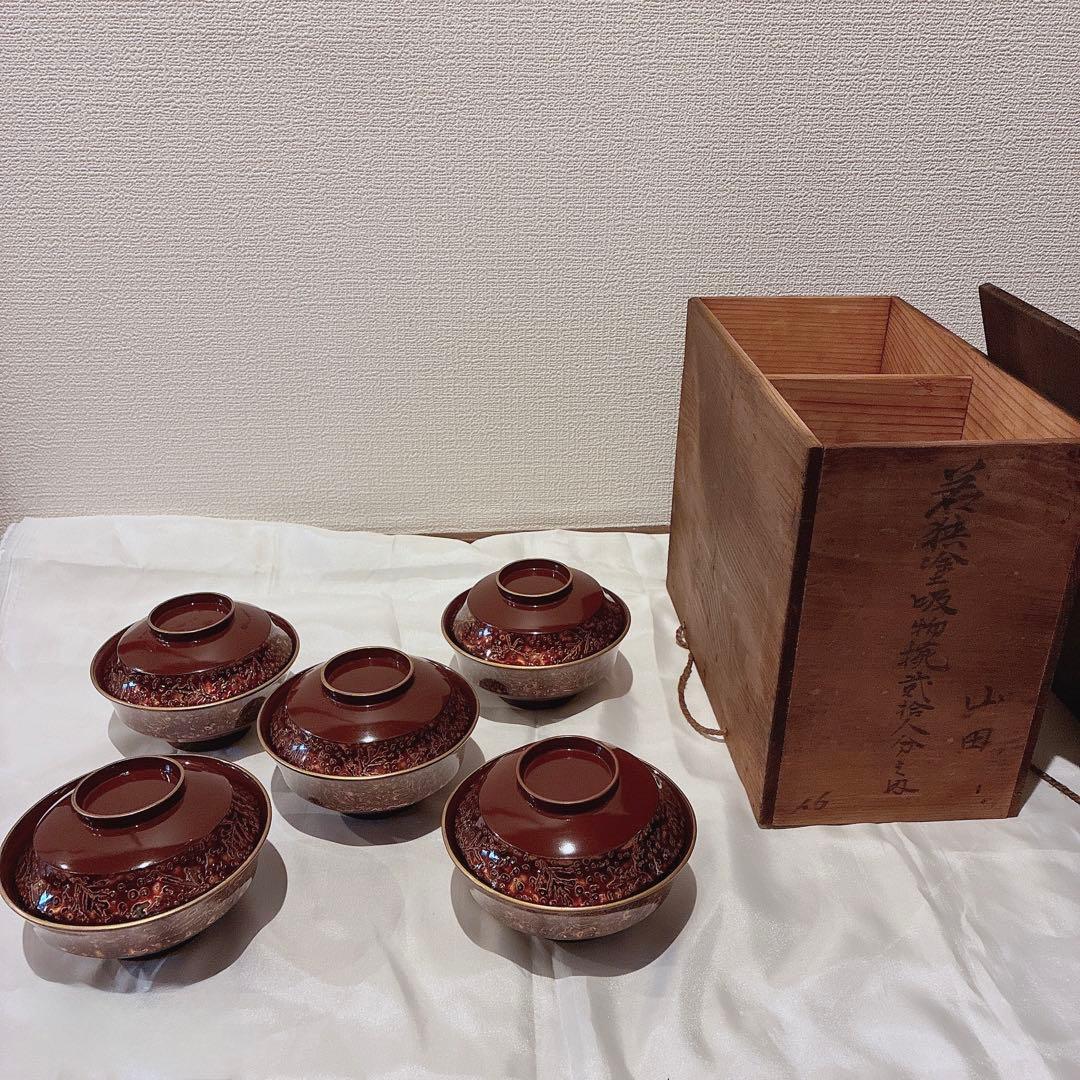 アンティーク品(明治)若狭塗り お吸い物5人分＆木箱set