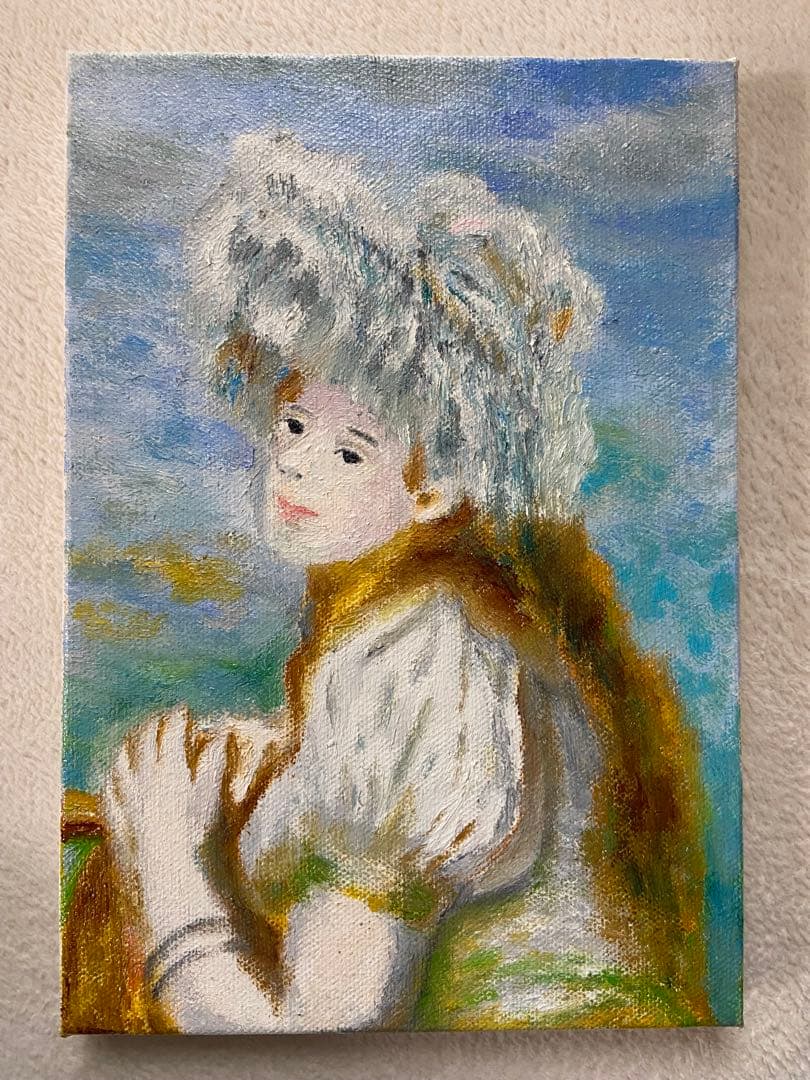ルノワール　肉筆手描きの油絵模写画　白い帽子をかぶった少女