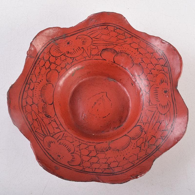 煎茶道具　唐物　朱塗　漢詩蝶文　花形茶托　五客　V　R8888