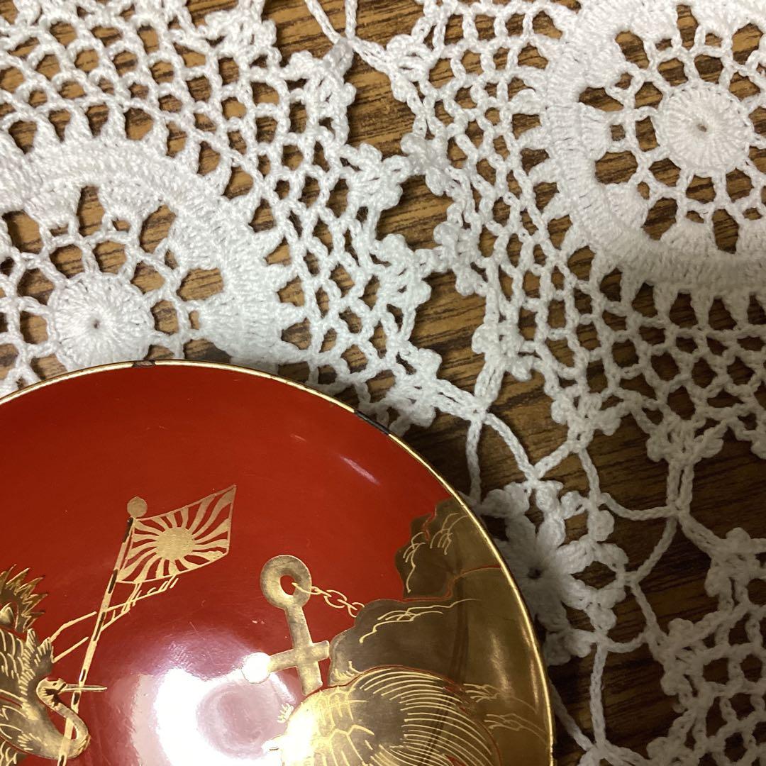 k2f14 赤色漆器 3枚セット 鶴と亀と日章旗のデザイン