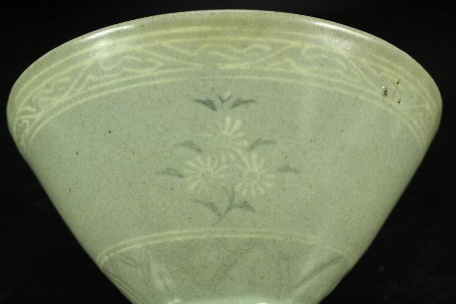 高麗 草花象嵌 青磁 茶碗 時代 茶道具(K-A990)