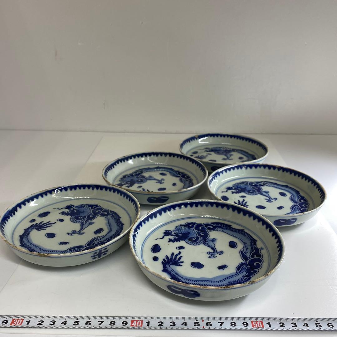 中国美術　染付龍図皿5枚　直径約15㎝東Y7-0404①タカト