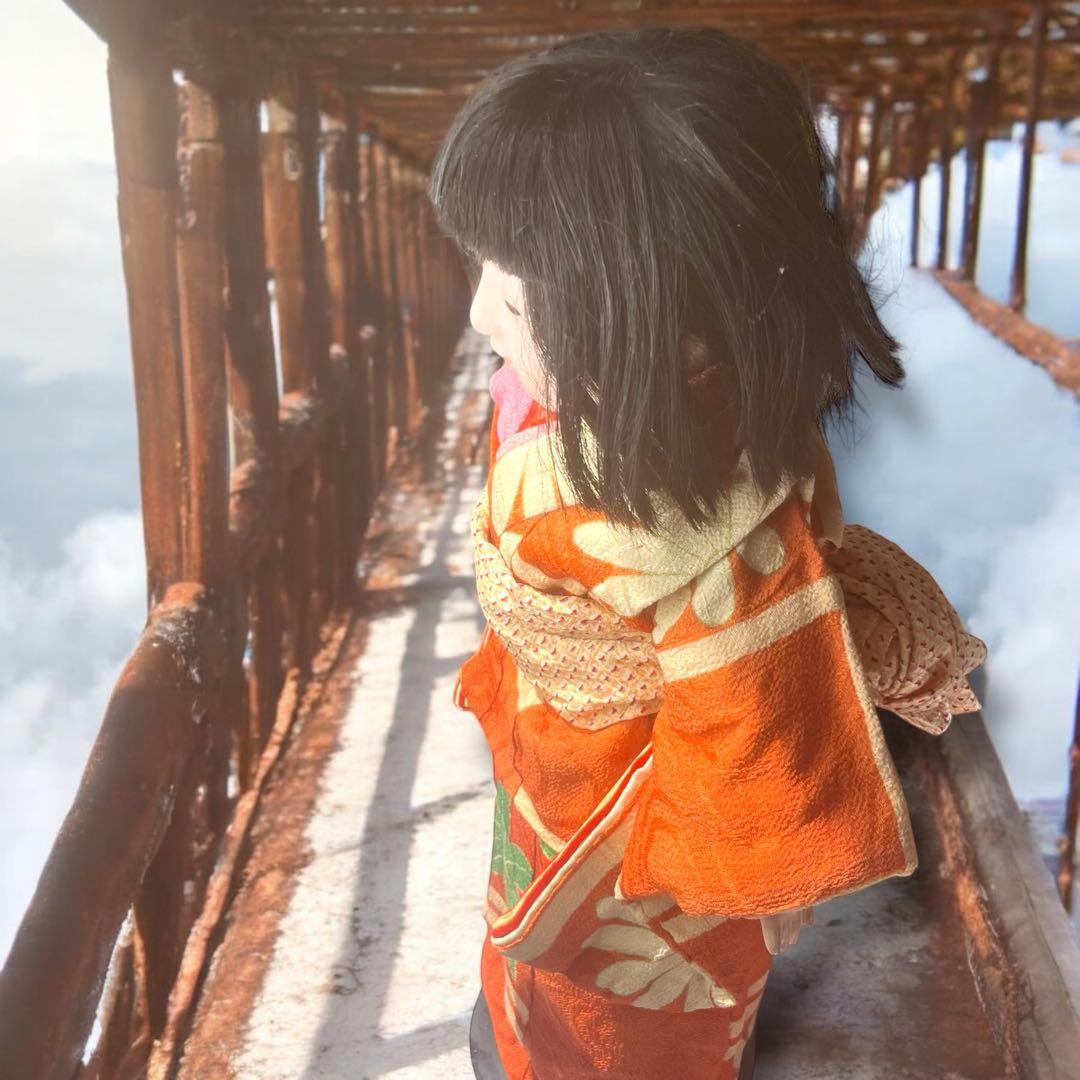 市松人形 石黒人形店 大正 ガラス目 3つ折れ 抱き人形 縮緬着物 1912年~