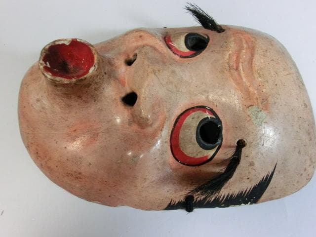 お面■ひょっとこ 古い木彫り面 神楽面 能面 手彫り 木製 時代物 骨董品■