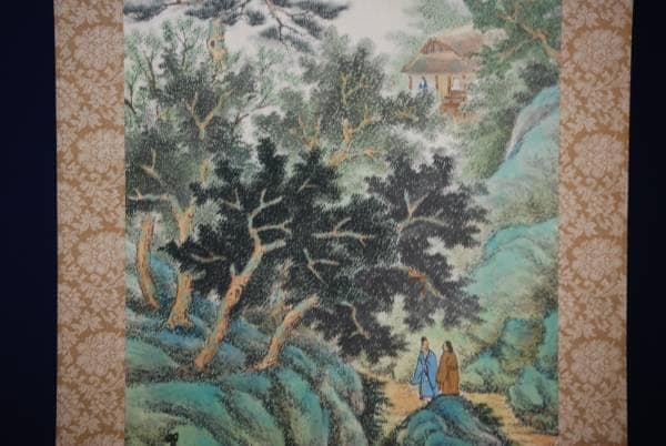 真作/翠光/青緑渓山訪友図/山水図/布袋屋掛軸HC-895