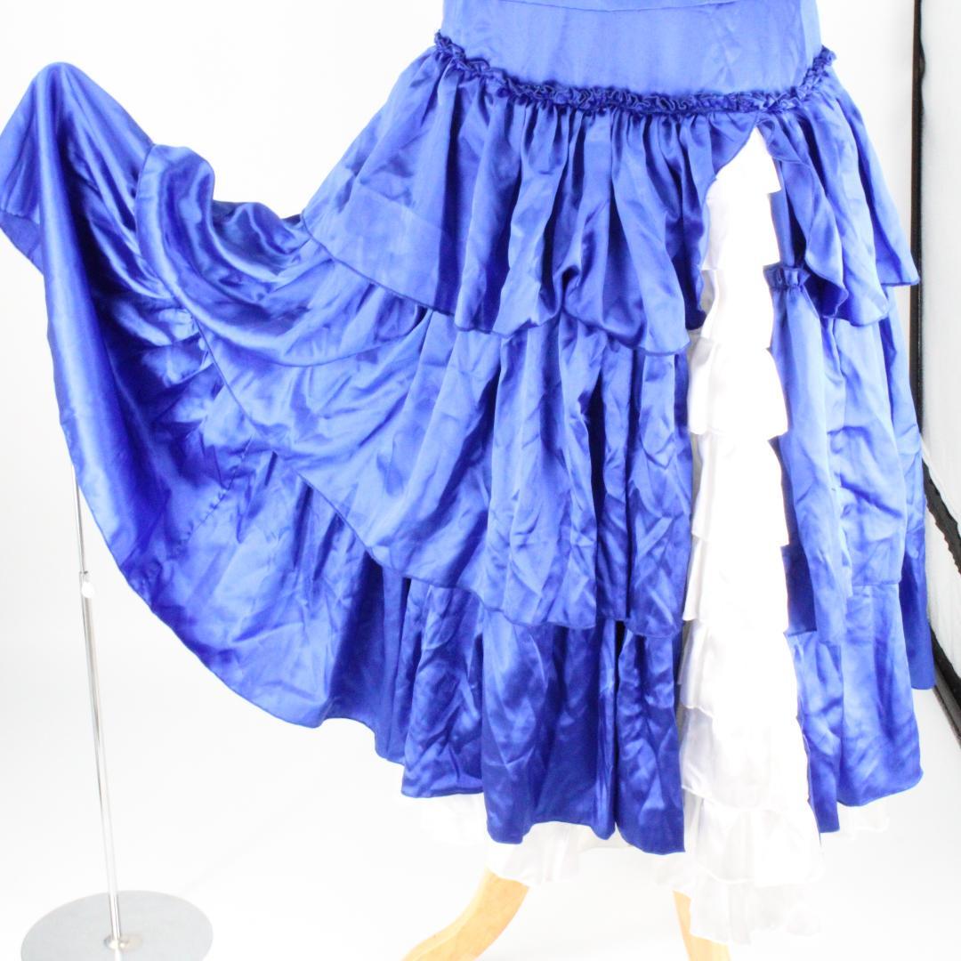 【フラメンコ衣装 ツーピースセット】光沢ブルー×光沢ホワイト　ブラウス ファルダ
