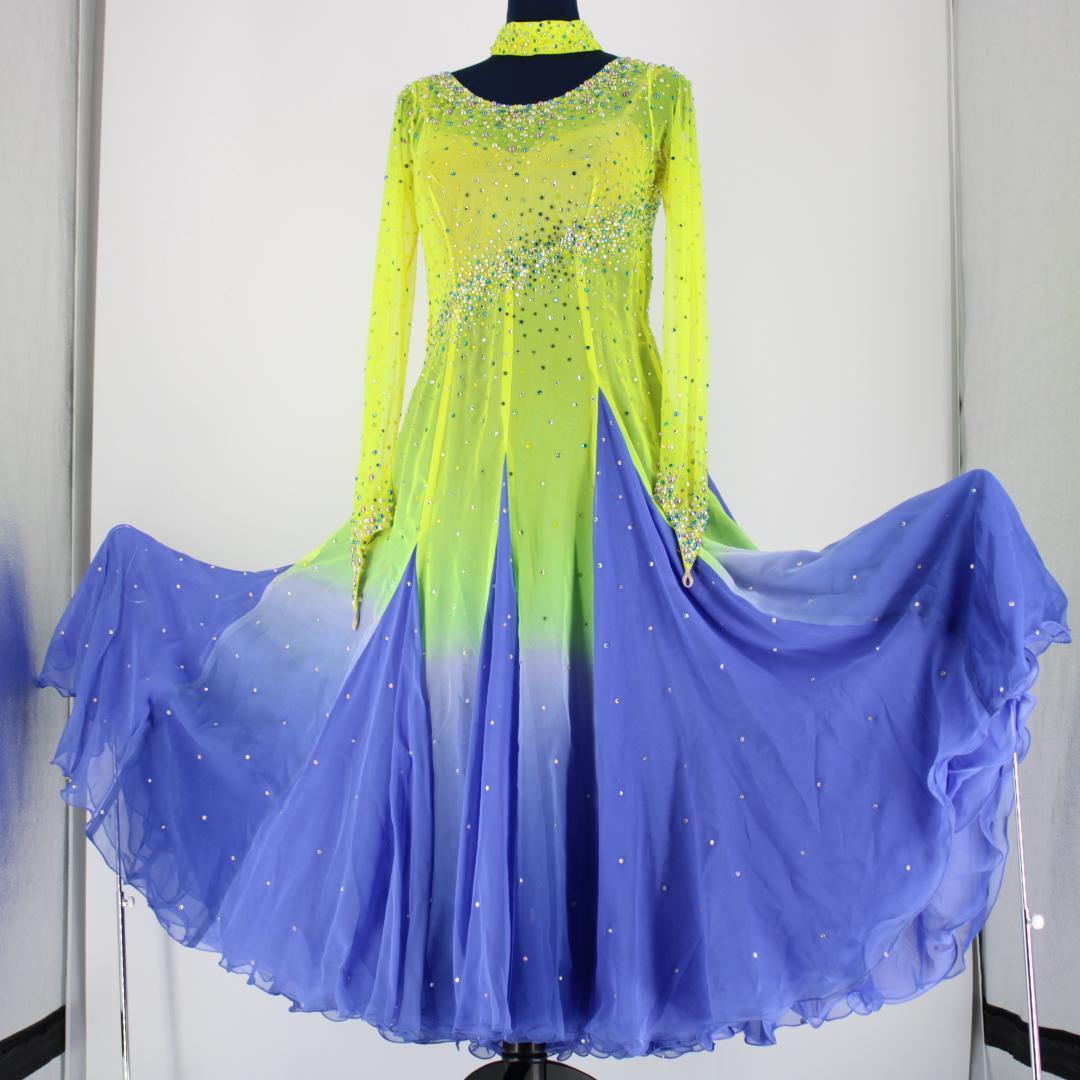 【美品 社交ダンス衣装】イエロー＆ブルー ワンピース ドレス スパンコール