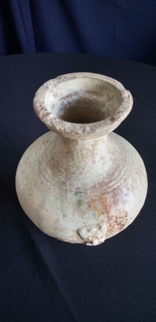 中国古陶器製瓶型 、緑釉双耳、緑釉銀化 高さ約20cm