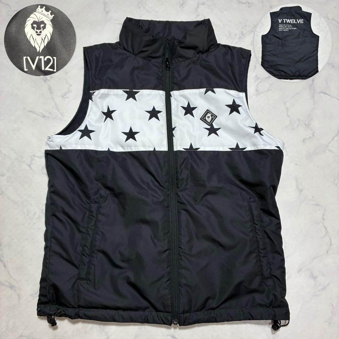 V12 ゴルフ リバーシブル 中綿ベスト ブラック 星柄 サーモライト メンズL