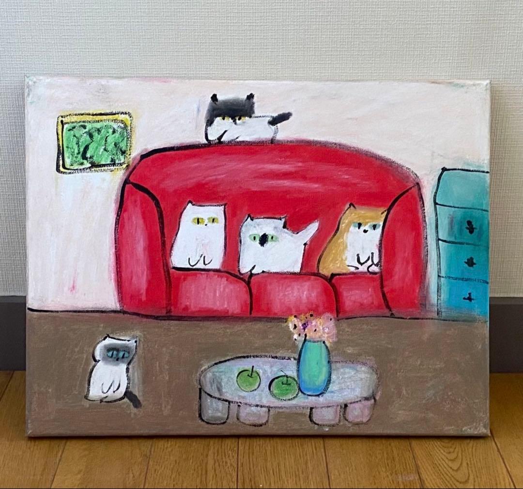 絵画。原画☆キャンバスF6【猫たちはソファーで楽しくゲームをしている】