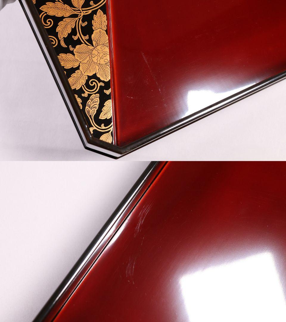 【CM371】加賀描金師 仙石可峰作 花唐草 隅切四方膳 五客 木製 折敷