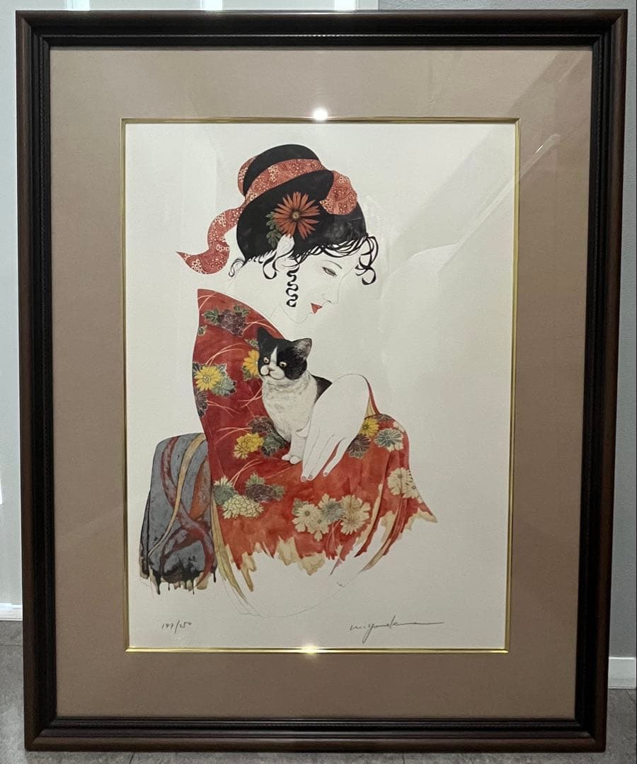 リトグラフ　米倉斉加年　『仔猫と赤い着物の娘』　自筆サイン入り