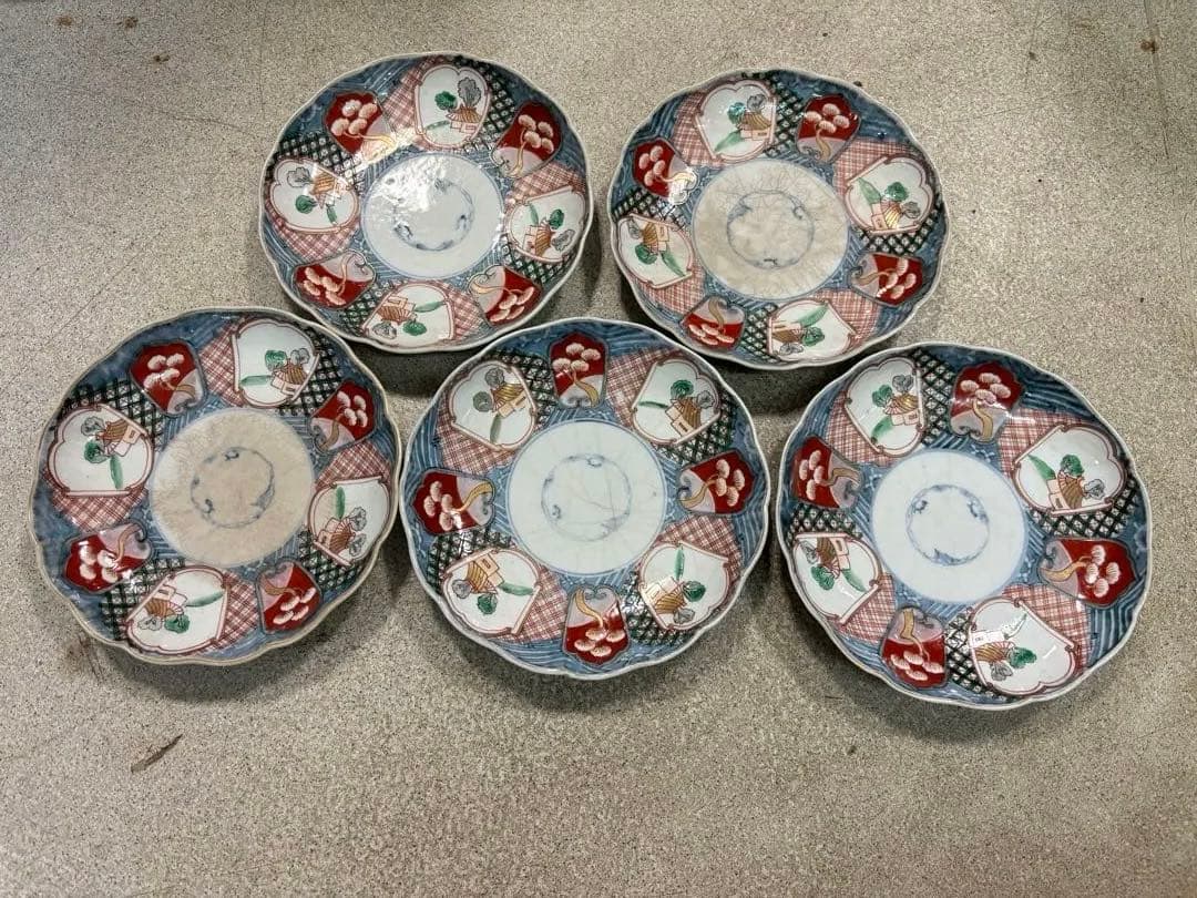 超貴重 江戸後期の頃の物 色鮮やかな花模様の陶器皿5枚セット 超激安