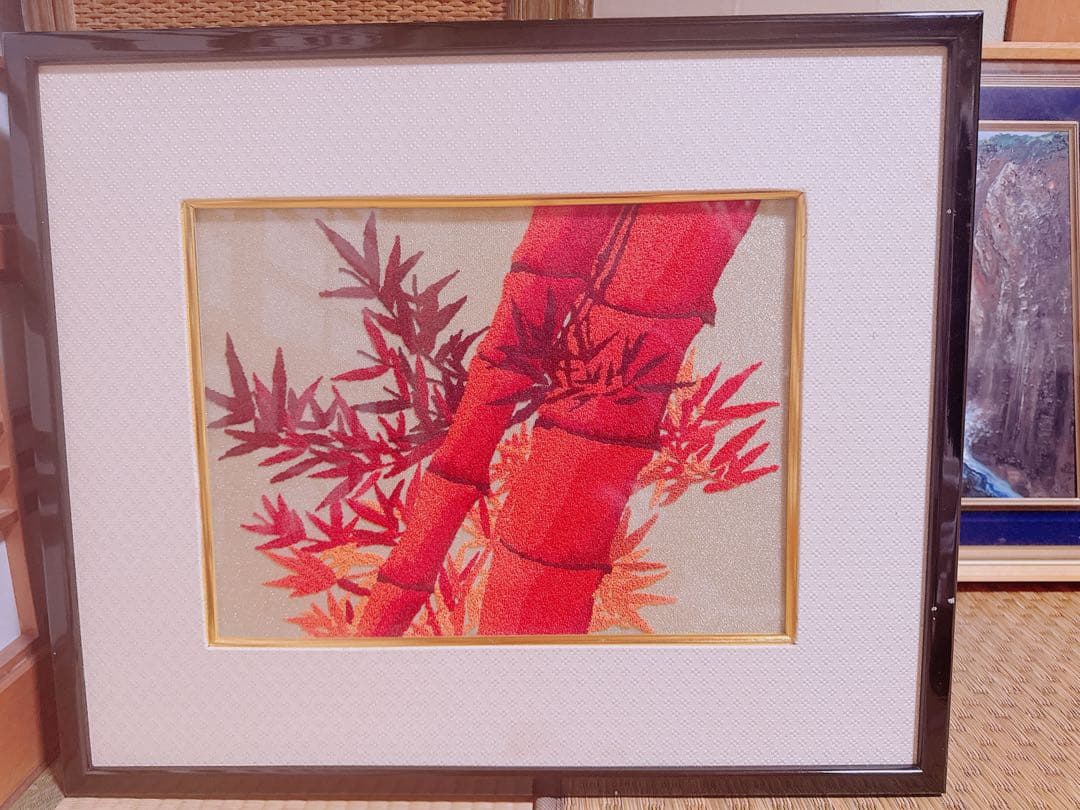 刺繍絵画 額入り 赤竹と紅葉 インテリア アート　F4