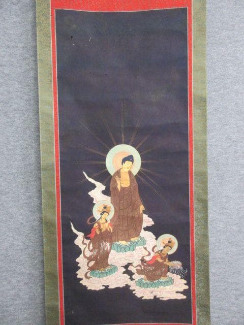 仏画阿弥陀三尊来迎図紙本掛軸 [B27749]
