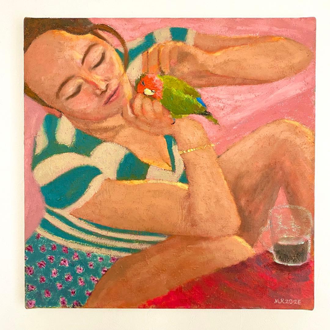 インコと女性 F20 現代アート 油彩画 絵画 人物画