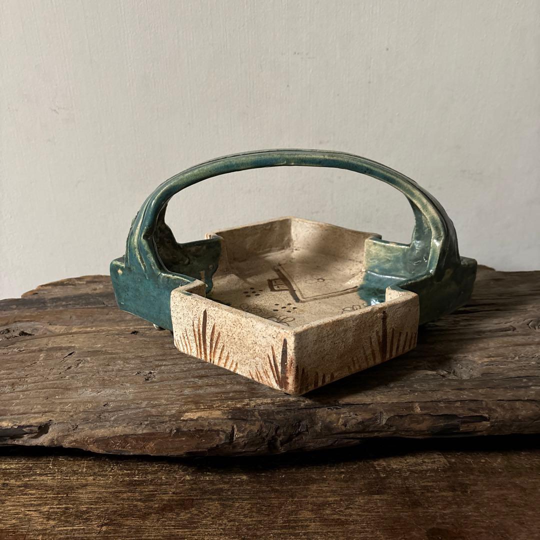 時代　織部松皮菱形手鉢　手付菓子鉢　懐石　瀬戸　志野　古美術　茶道具　検:李朝