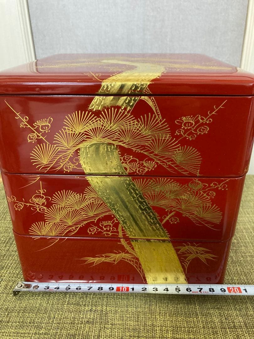 蒔絵　三段重　朱色　おせち