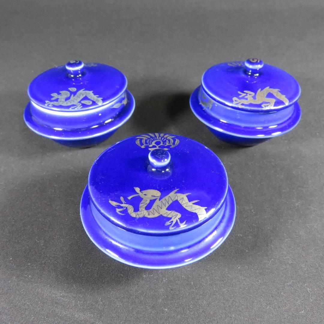 蓋物 3客 瑠璃釉 珍味入れ 銀 銘 龍 鳳凰 明治 大正 昭和初期