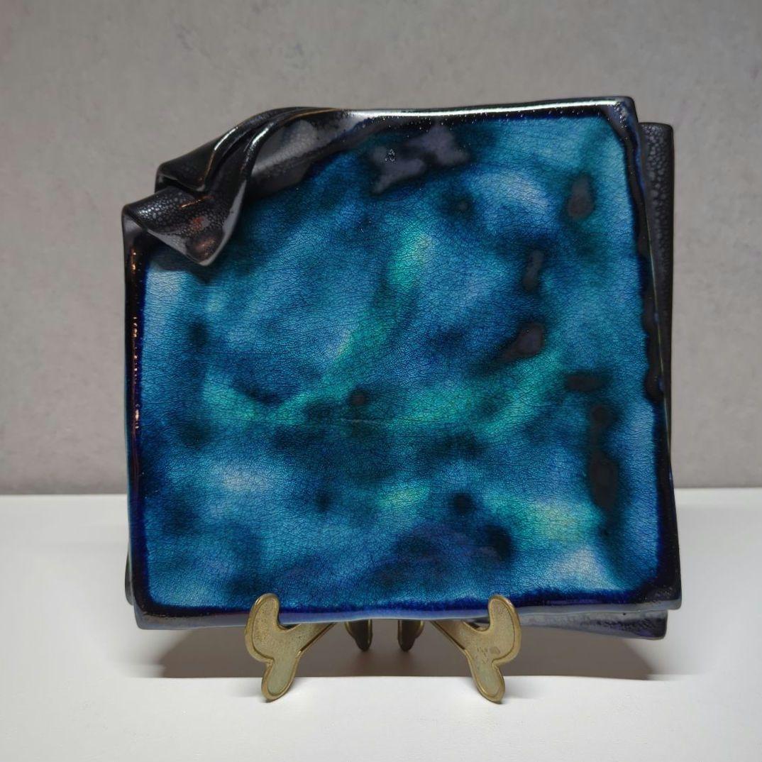 陶芸　石垣焼窯元　石垣ブルー　隅折れ角皿プレート　インテリア雑貨　飾り皿