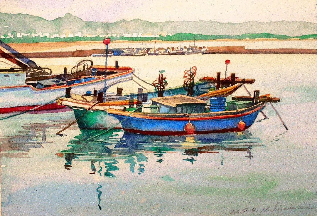 漁船の水彩画額装済み F6サイズ 原画