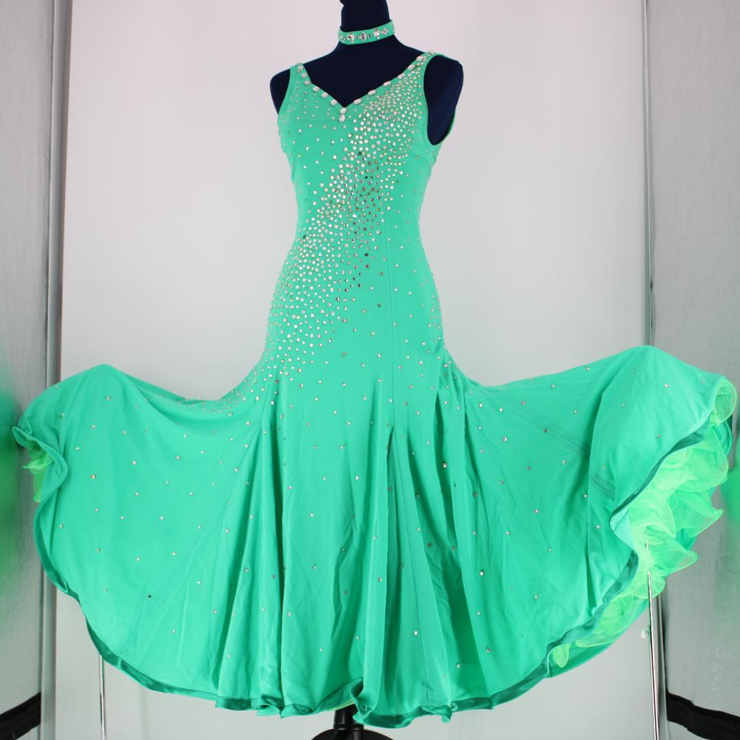 【社交ダンス衣装】グリーン ライトグリーン ワンピース ドレス スパンコール