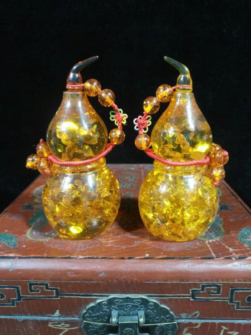 中国古美術・旧蔵・琥珀のヒョウタンセット・純手作り・細密彫・文房置物・風水置物