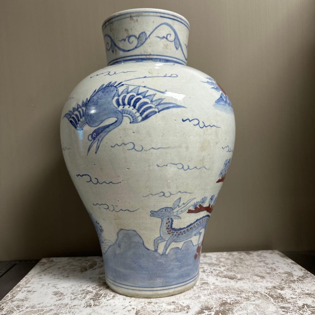 李朝、白磁、辰砂、鹿、鶴、亀図、大壺。