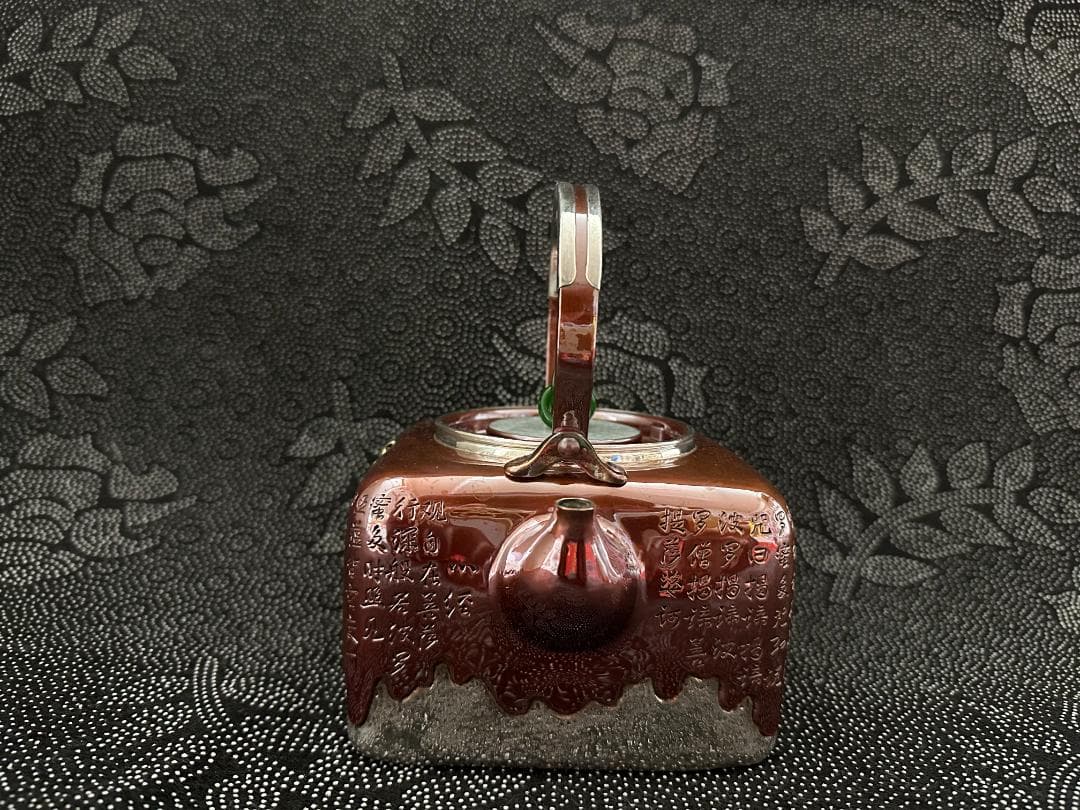 極上純銀製 四面取 心経文彫 玉摘み蓋 銅被せ銀瓶 煎茶道具 湯沸 重量786g