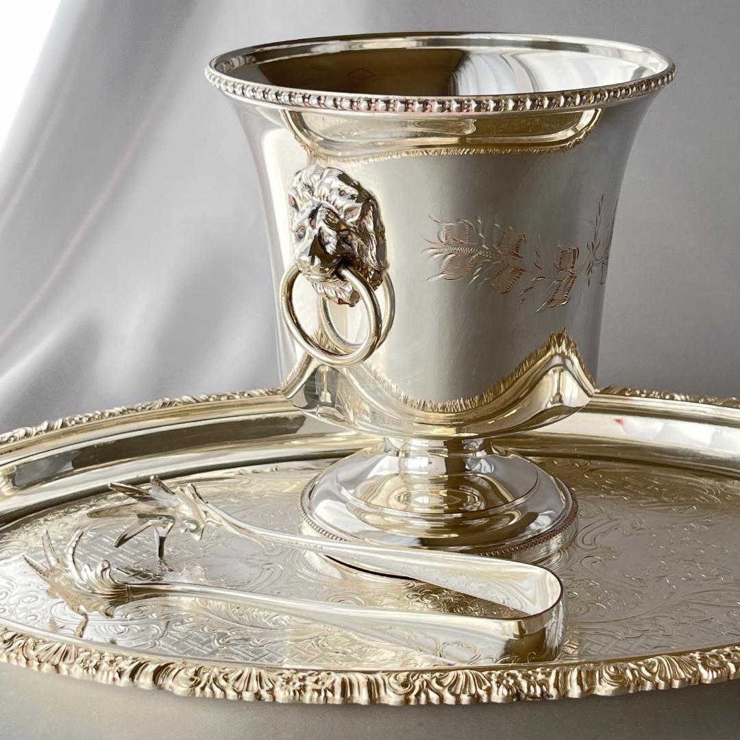 【英国】ライオンのアイスペール / トング【シルバープレート】