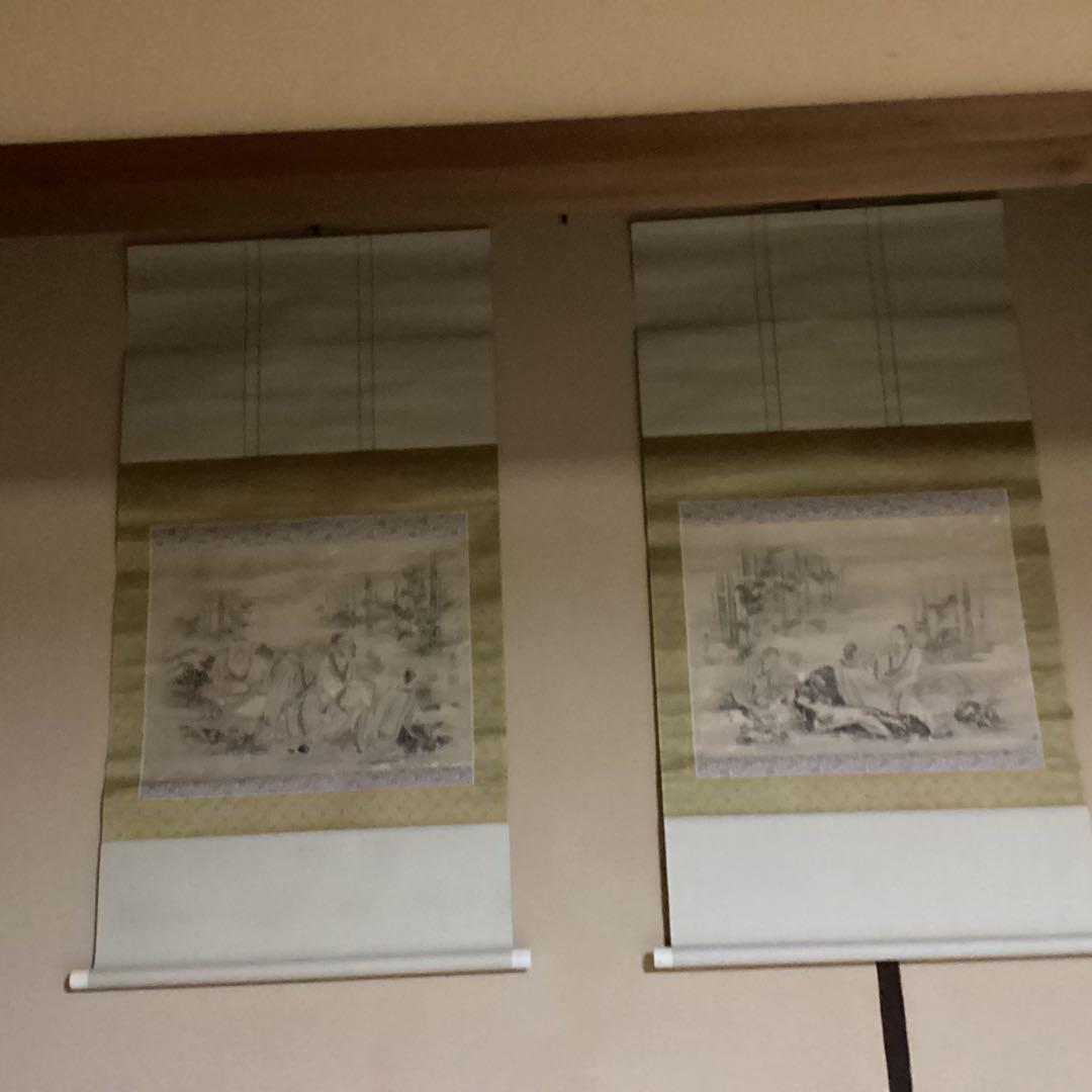 O-26 水墨画風掛軸 二幅　竹林七賢人　應挙