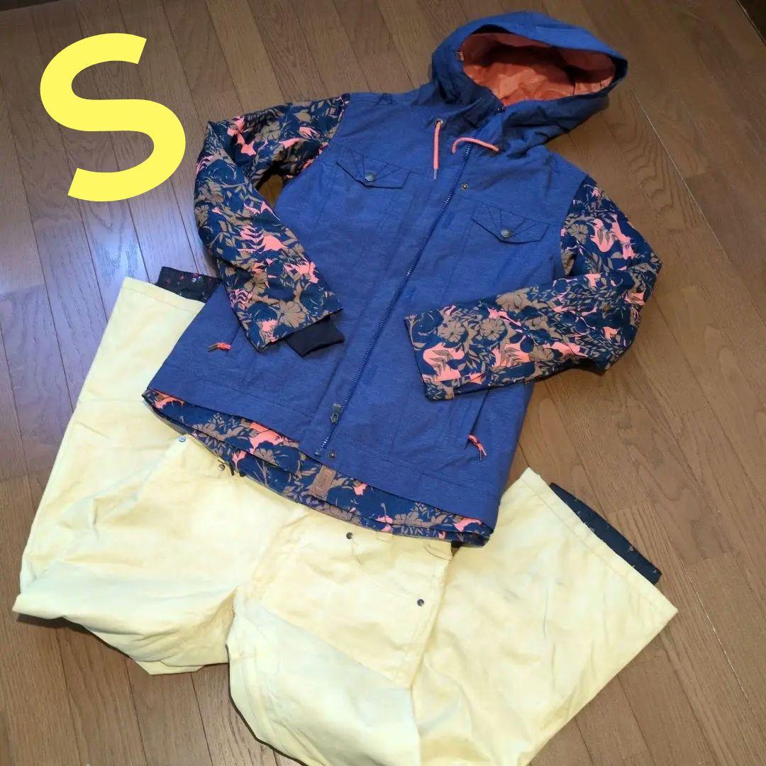 【美品】ROXY　スノボウェア　上下セット　総柄　デニム風　イエロー　Ｓ