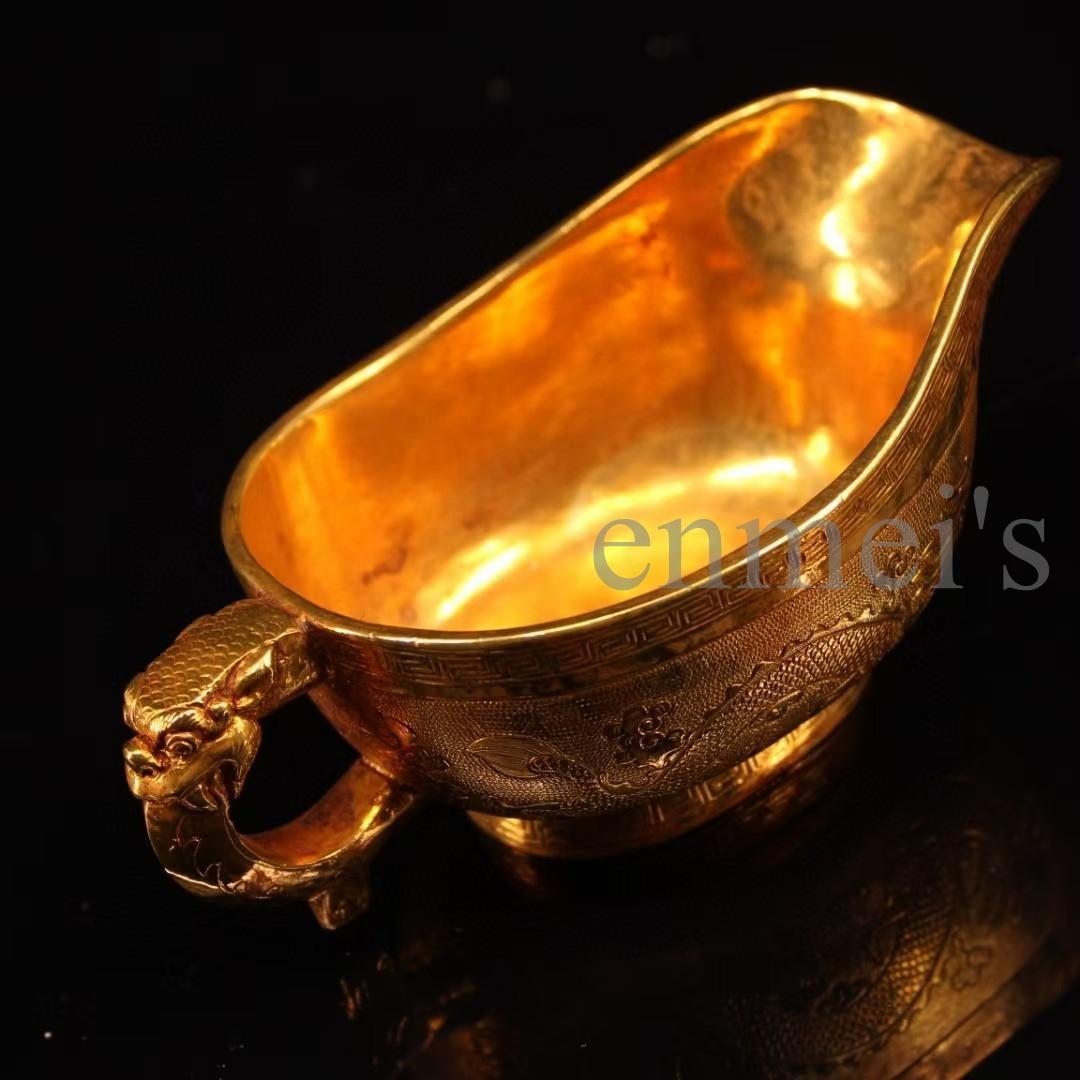 中国古美術・珍蔵純銅製・鎏金龍彫酒杯・細密彫・純手作り・文房具・賞物・酒器・酒具