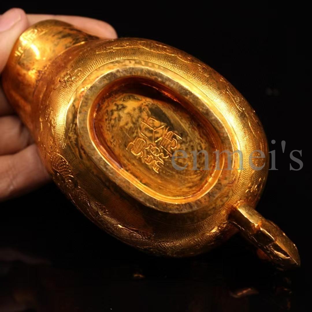 中国古美術・珍蔵純銅製・鎏金龍彫酒杯・細密彫・純手作り・文房具・賞物・酒器・酒具