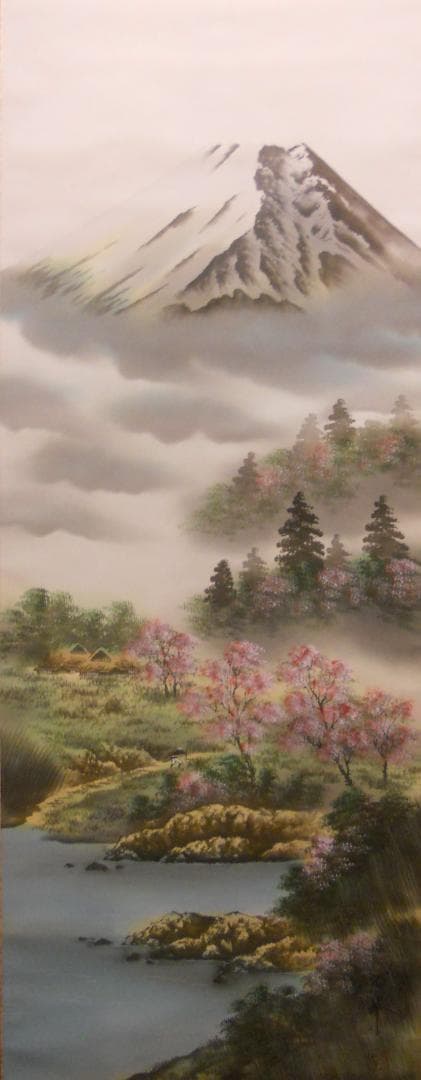 掛け軸 万峰 作 春山水 絹本 希少 軸装 茶道具 掛軸 美品 です。